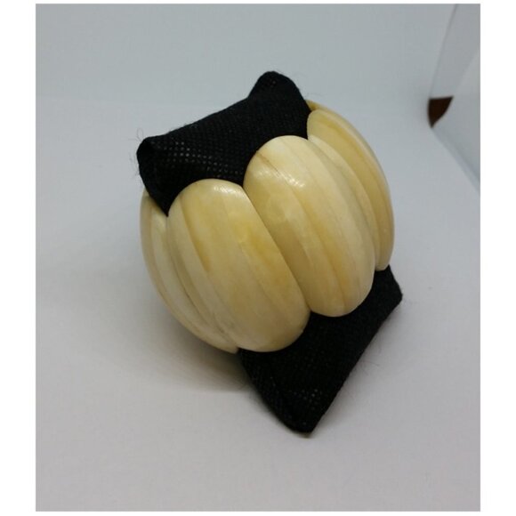 Natural bone polished carved stretch bracelet wide statement - Picture 2 of 4